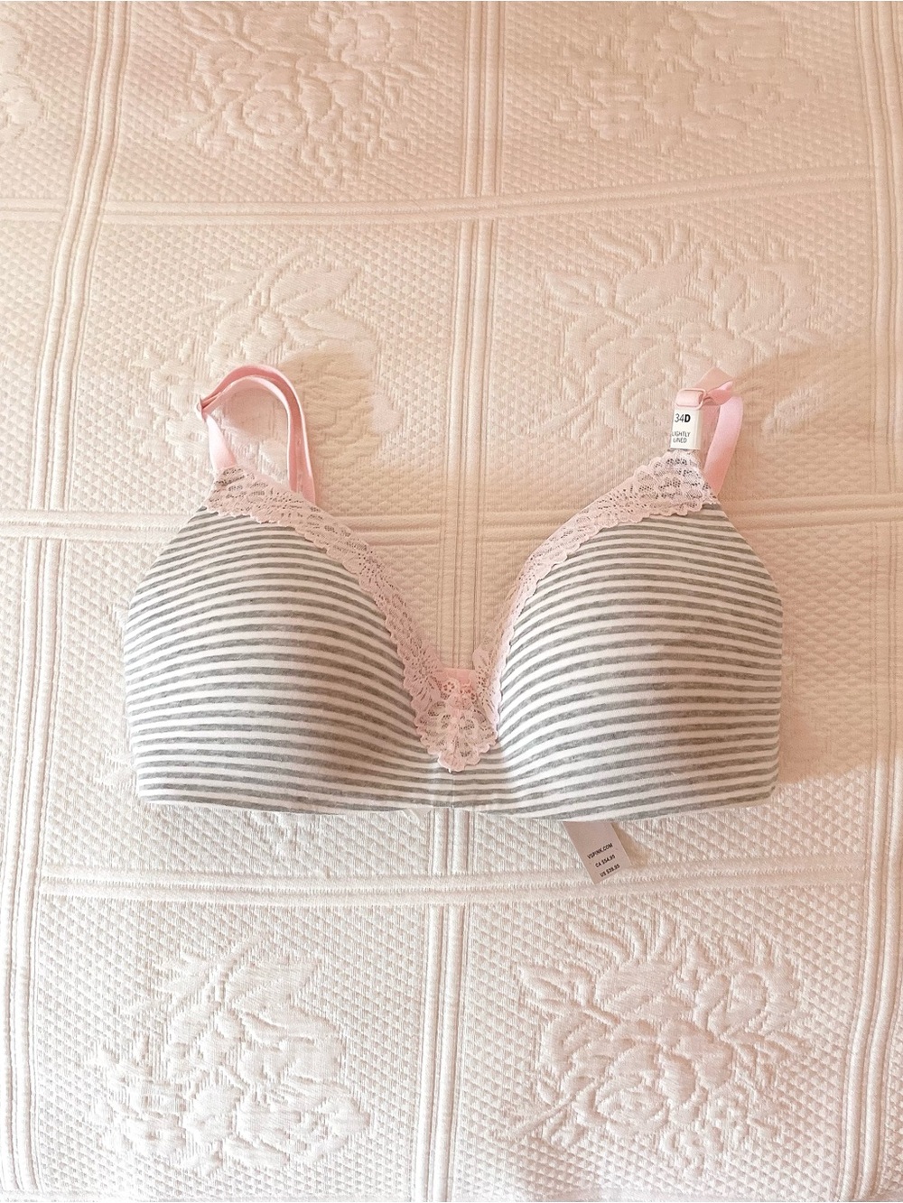 ྀིྀིྀིྀིྀི victoria’s secret PINK lightly lined wireless bra pink grey stripes